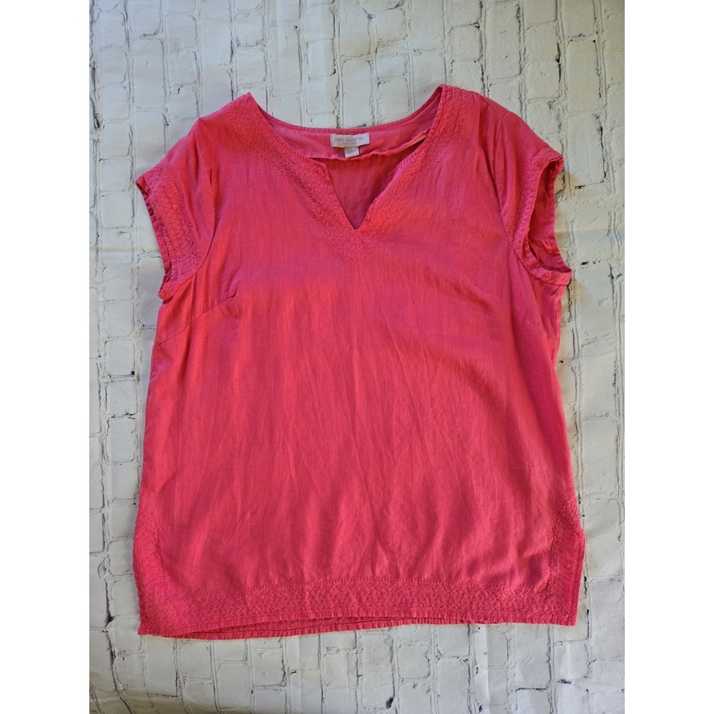Saint Tropez West Womens Sz XL 100% Linen Pink Coral Blouse Embroidery Lagenlook